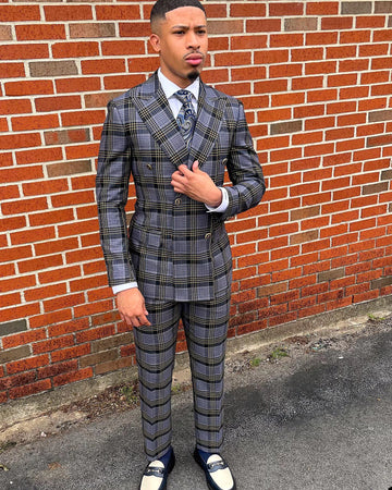 Aidase New Men's Suit 2 Pieces Blazer Pants Double Breasted Peaked Lapel Plaid Formal Stripes Wedding Groom Tailored Costume Homme aidase-shop